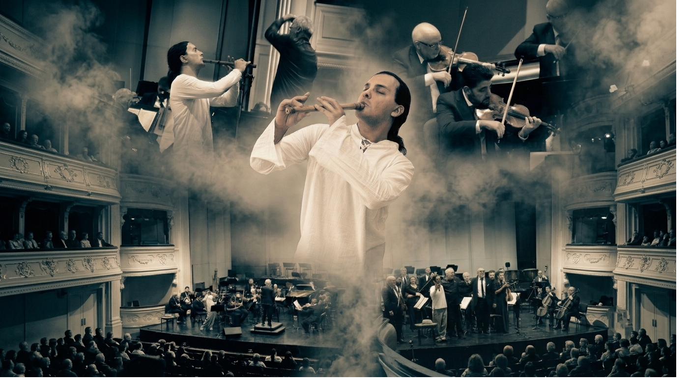 Pablo Salcedo performing the Markama chromatic quena with the Mendoza Philharmonic Orchestra at Teatro Independencia